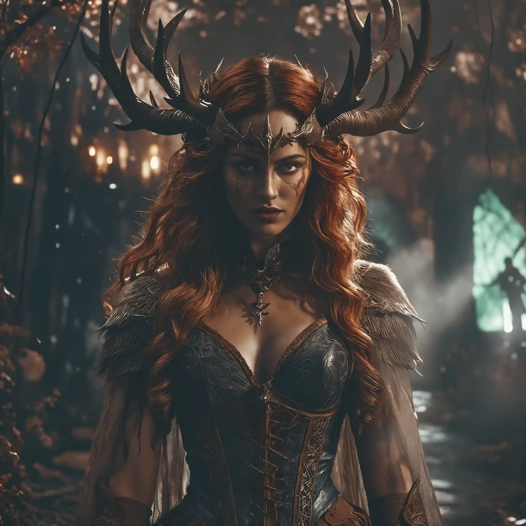 Gothic fantasy woman standing in moonlit cinematic scene