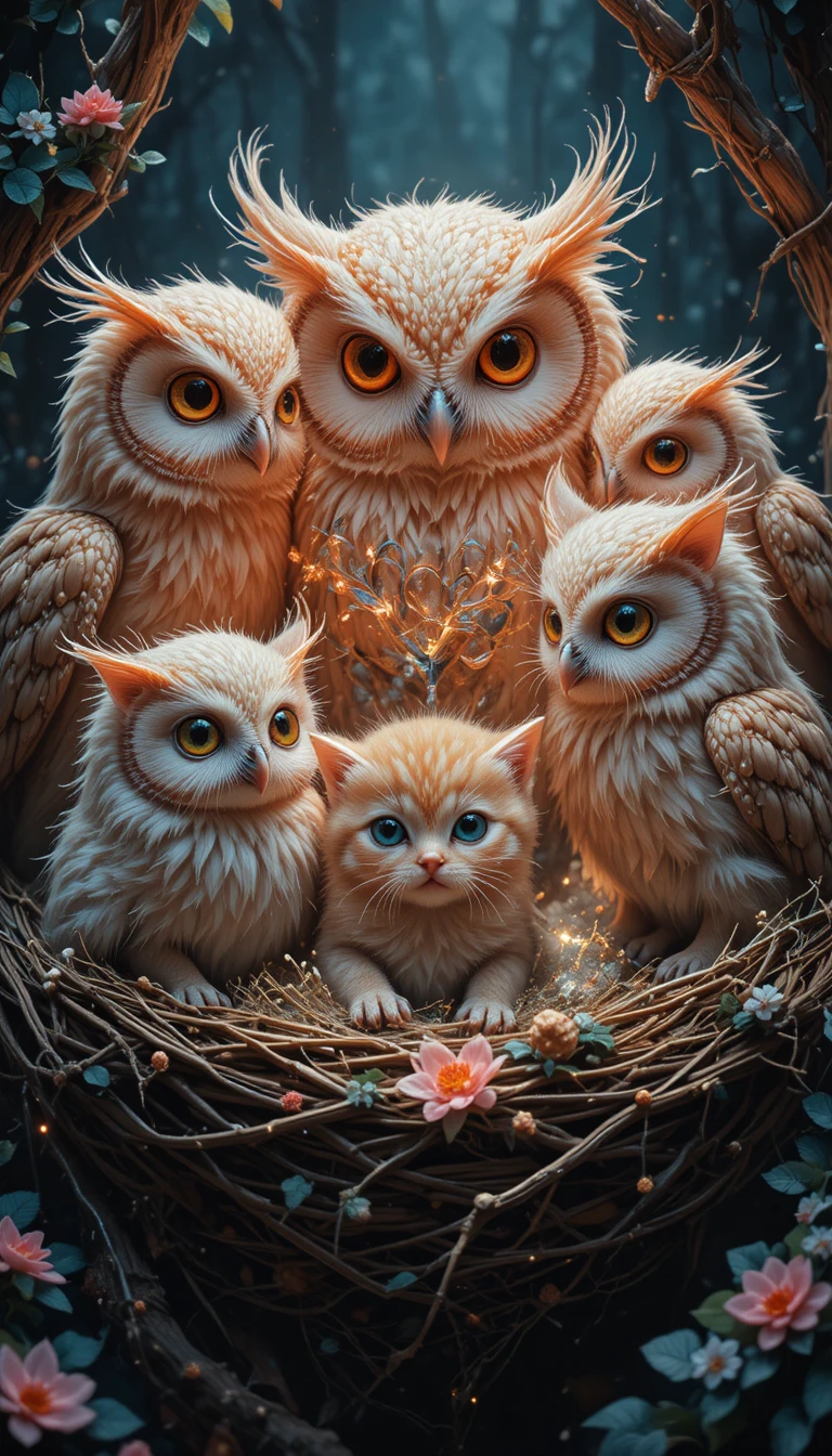 Close-up surreal de filhotes de coruja e gatinho compartilhando o mesmo ninho