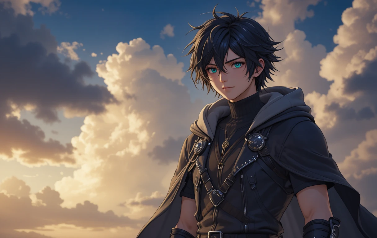 Boy in hooded black coat under a cloudy sky