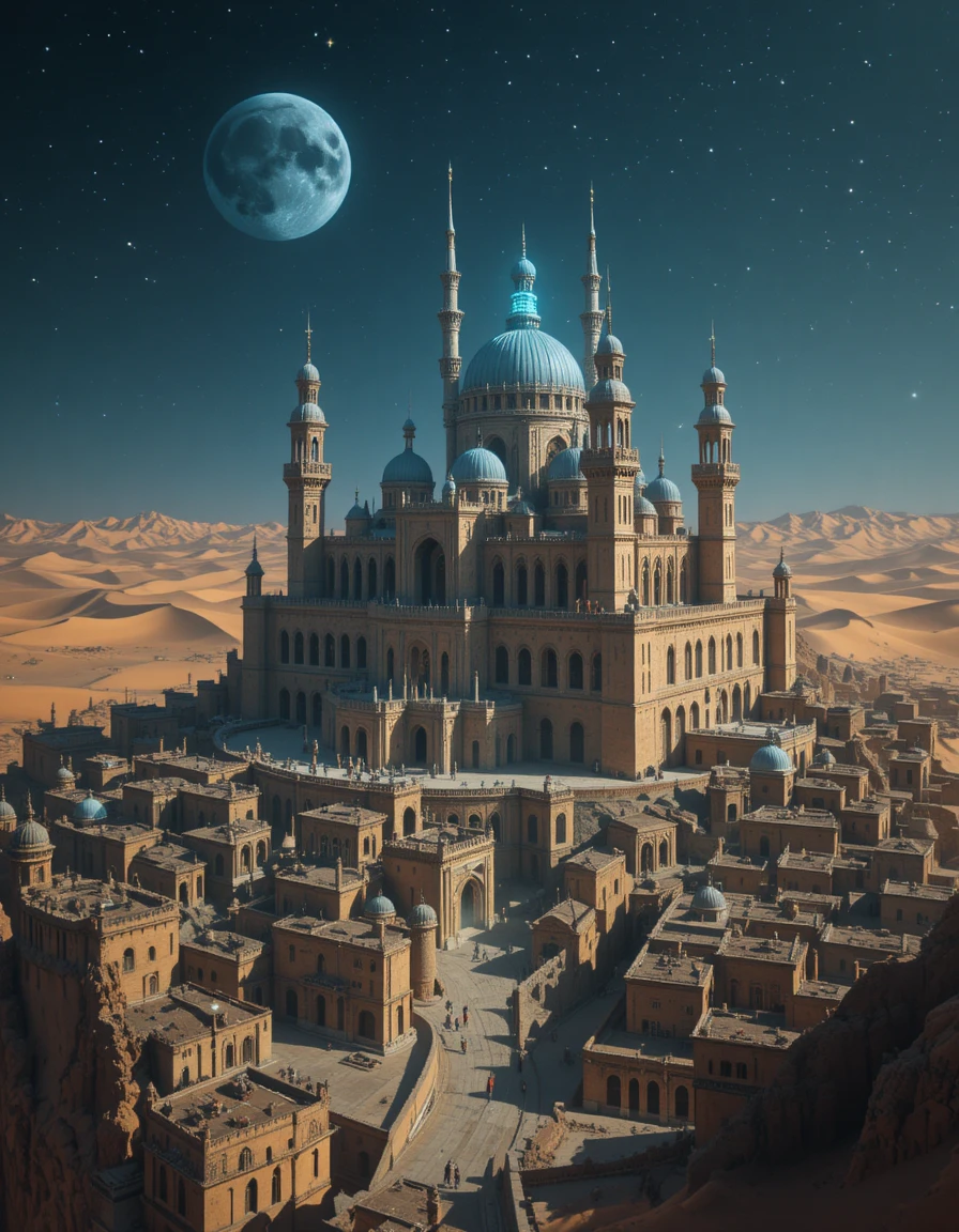 Majestoso castelo noturno sobre uma cidade dourada no deserto