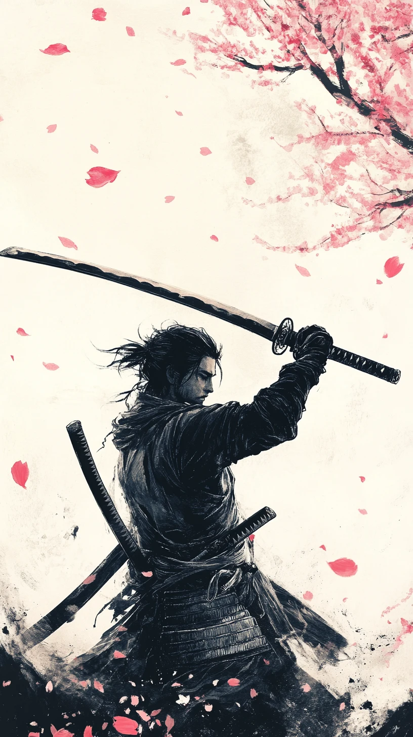 冥想中的武士在櫻花中高舉武士刀