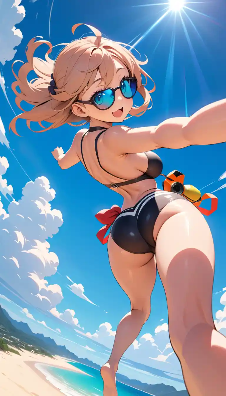 Anime woman taking a playful skydiving selfie in bikini