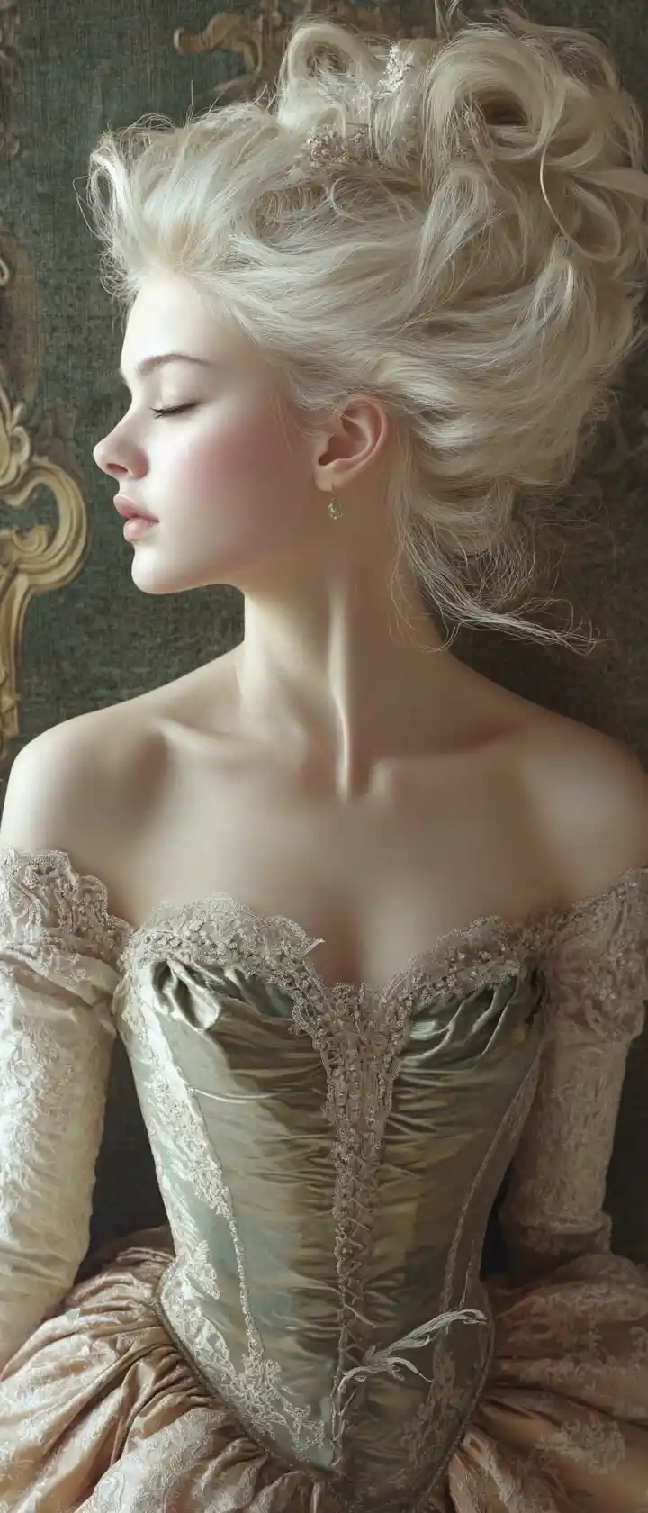 Femme rococo en robe de satin aux cheveux flottants
