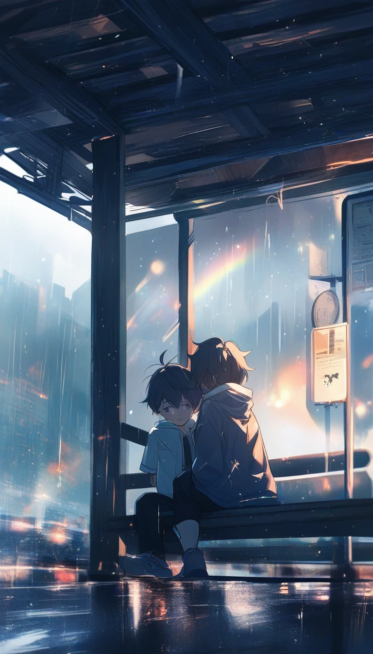Garoto de anime triste com buquê esperando em um ponto de ônibus chuvoso
