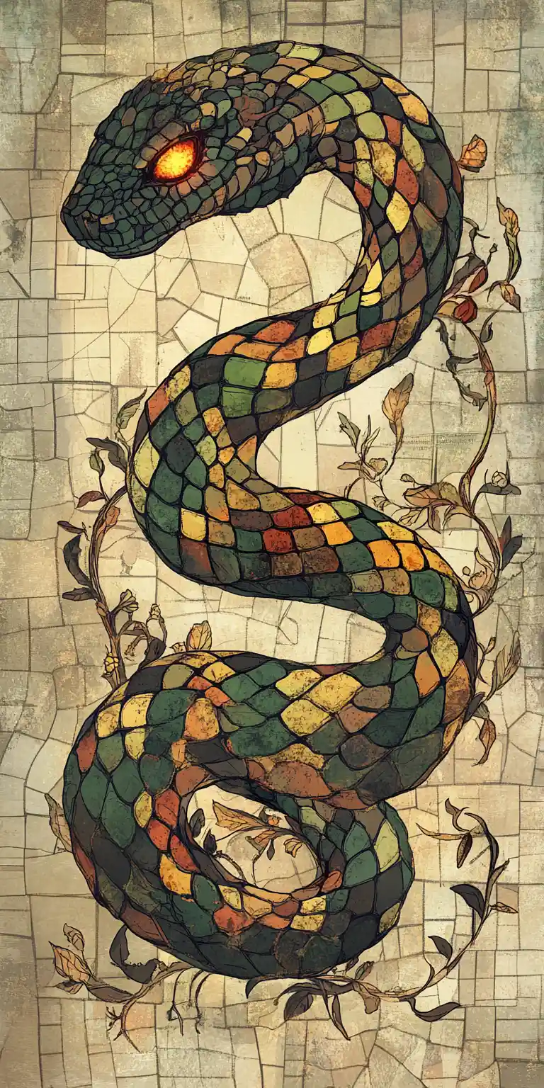 Gothic fantasy serpent with mosaic scales and glowing eyes