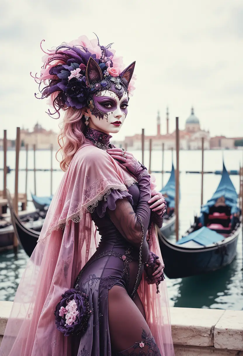 Femme masquée en pose de chat au carnaval du front de mer de Venise