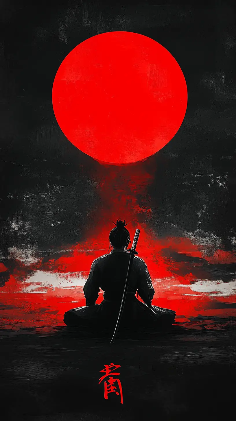 Samouraï solitaire méditant sous un disque de soleil rouge