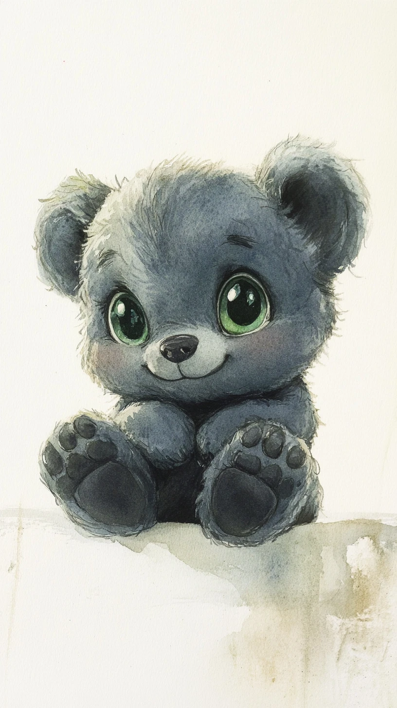 Urso de pelúcia aquarelado e fantasioso com olhos verde-brilhantes