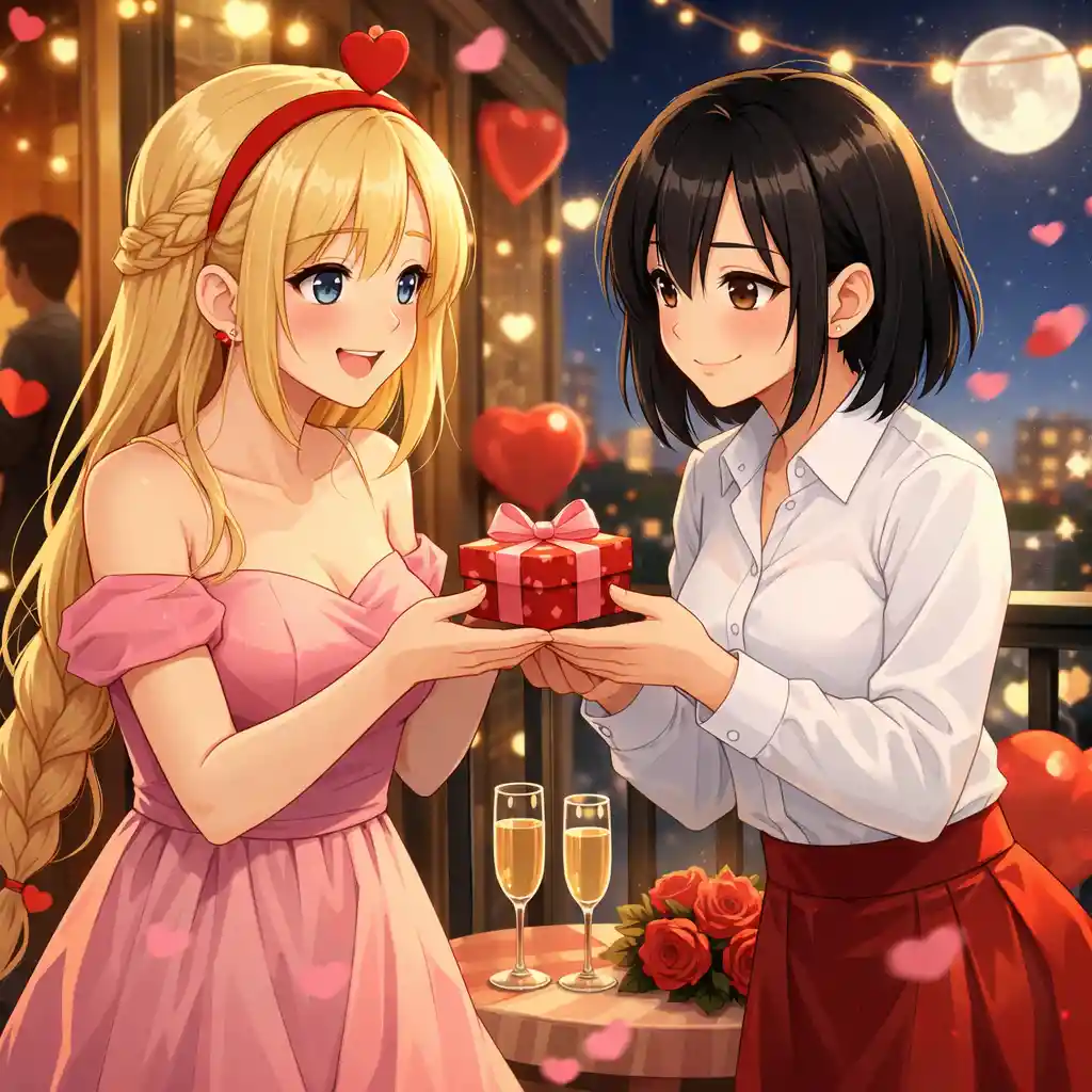 Coppia lesbica anime che si scambia un regalo su un balcone