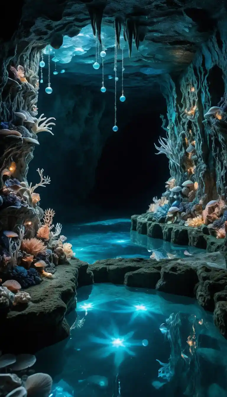 Tiny merfolk stylists braiding glowing seaweed hair underwater