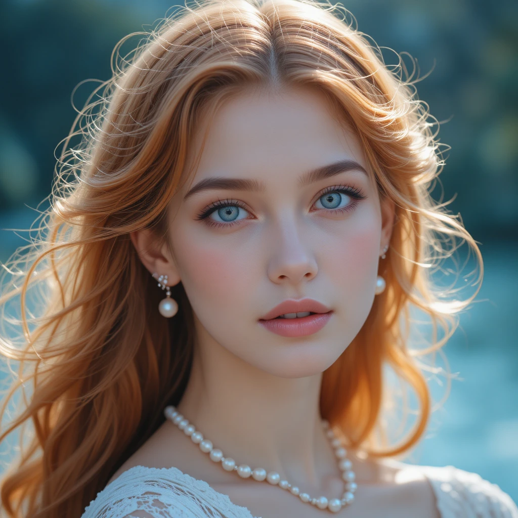 Giovane donna con occhi azzurri e capelli arancioni ondulati