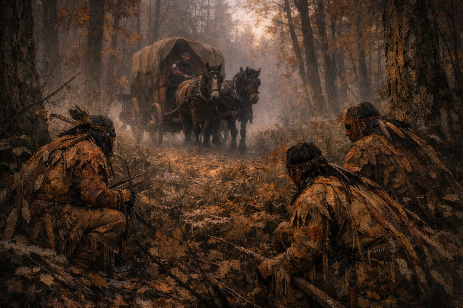 Agguato cinematografico nella foresta con guerrieri nascosti e carro trainata da cavalli