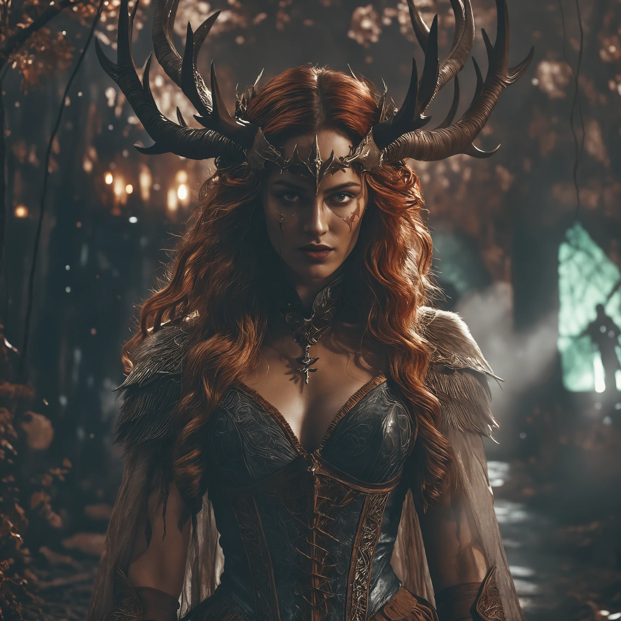 Gothic fantasy woman standing in moonlit cinematic scene