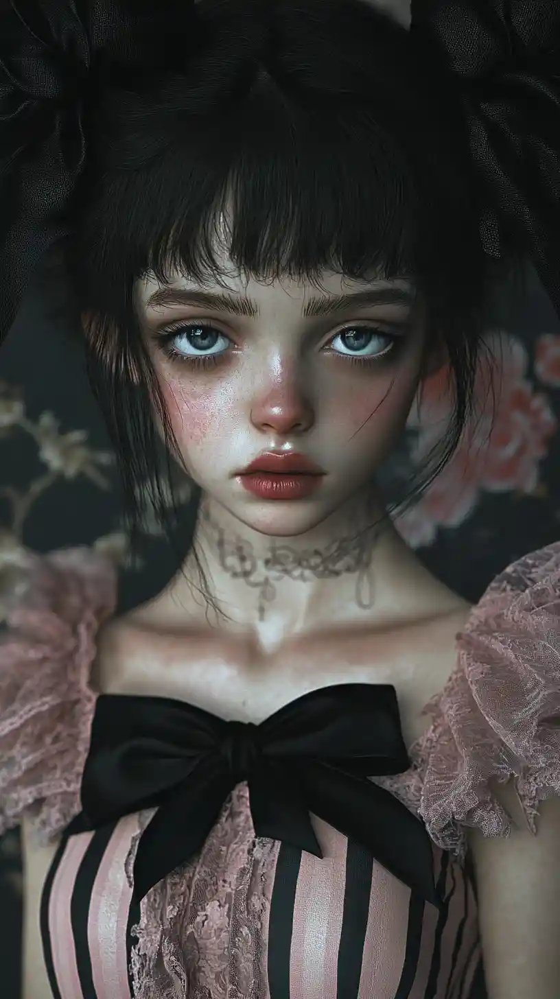 Melancholic pale girl in pastel gothic striped dress
