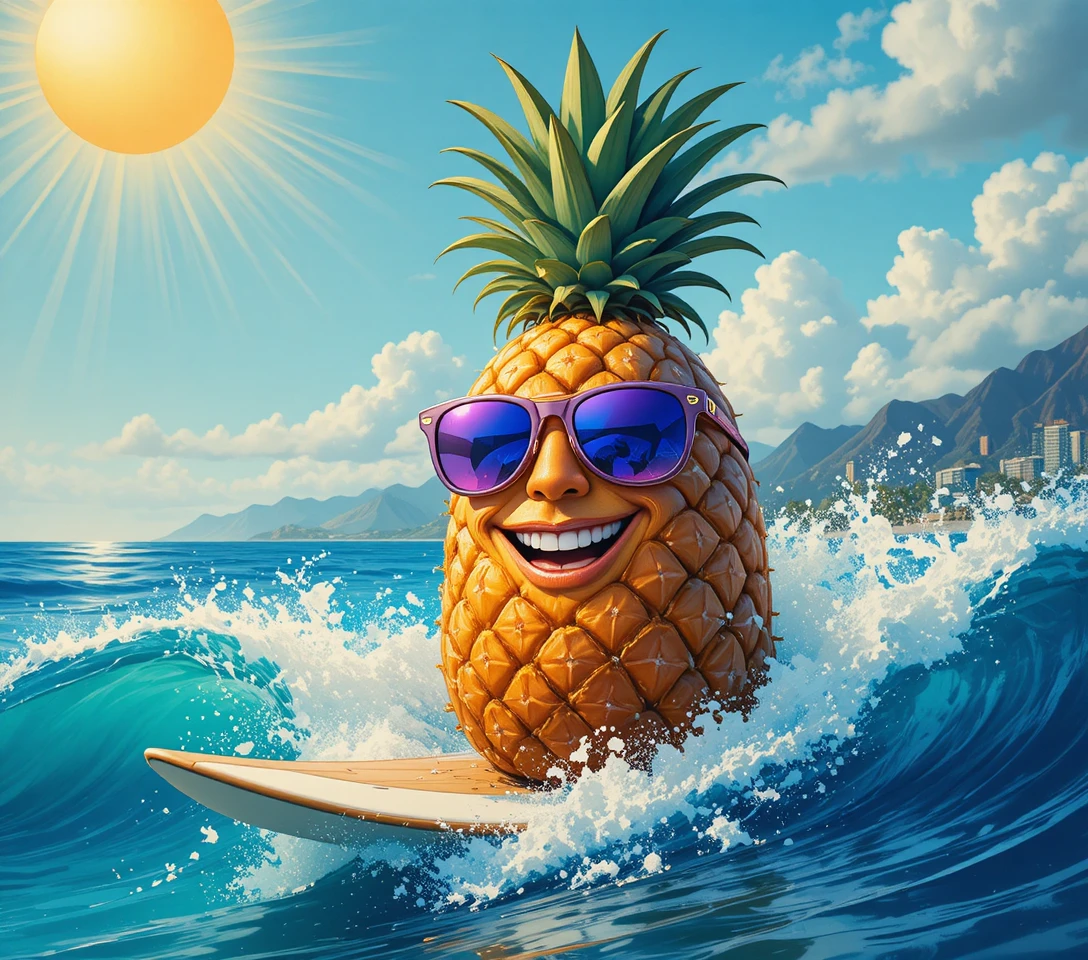 Glückliche Ananas surft im strahlenden hawaiianischen Sonnenschein