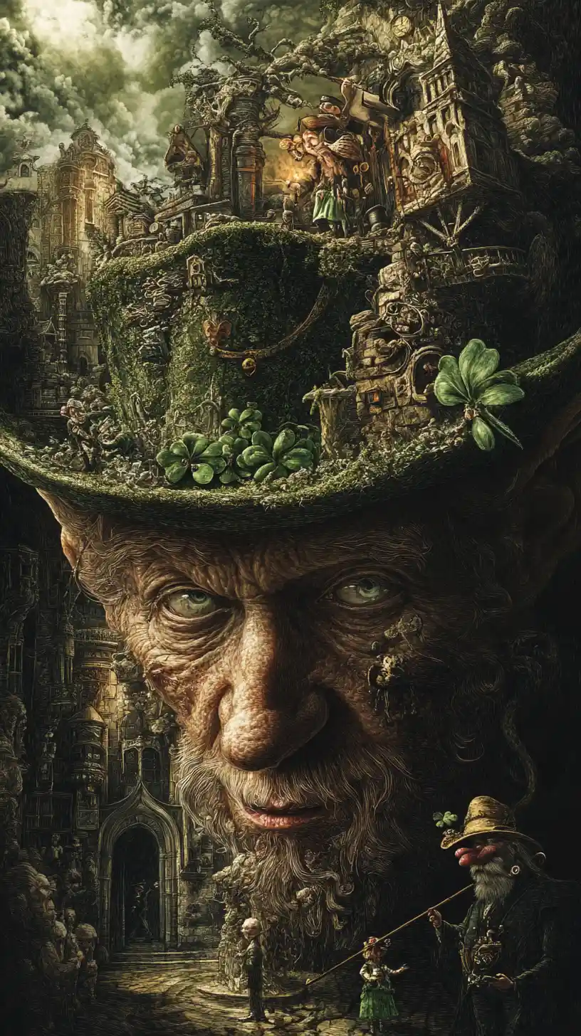 Illusione surreale di un leprecauno in mutevoli scene oniriche