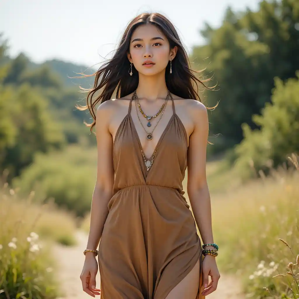 Young Asian woman in flowing dress under bright sunlight