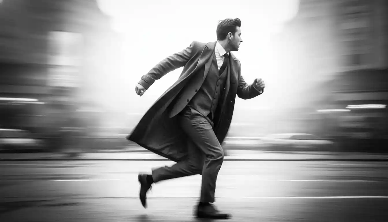 Man running in motion blur with bright white backlight