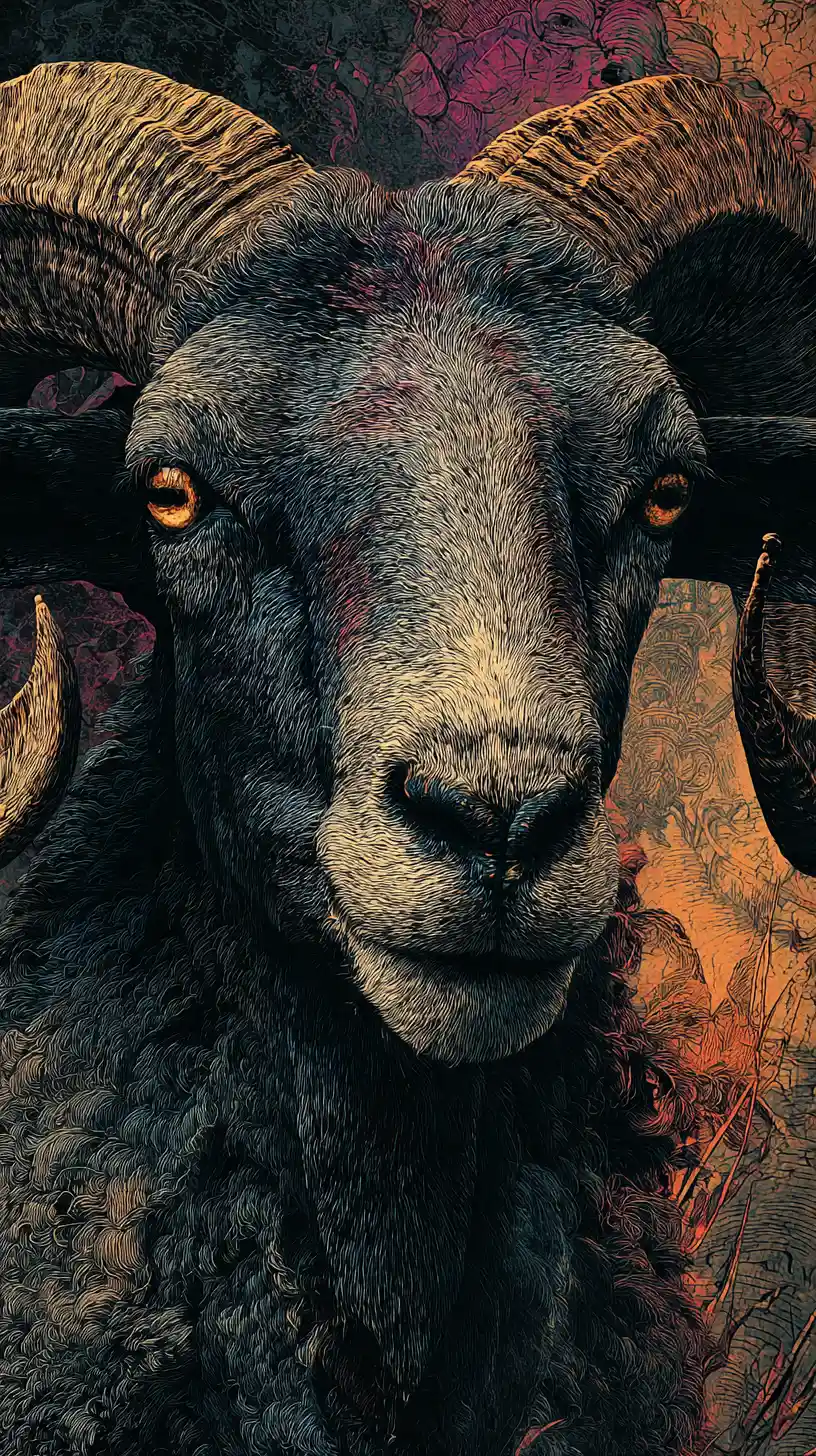 Surreal close up of an ancient sheep deity on canvas