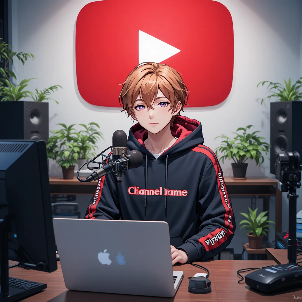 Garçon d’anime en streaming à un bureau d’ordinateur dans un studio à domicile