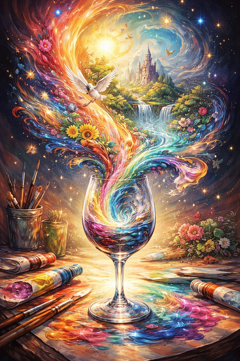 Pintura colorida fluyendo desde una sola copa