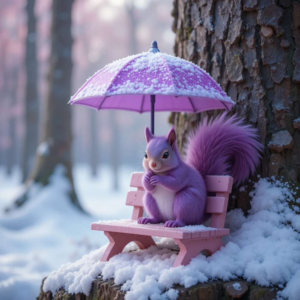 Écureuil violet sur banc de pique-nique enneigé sous un parapluie