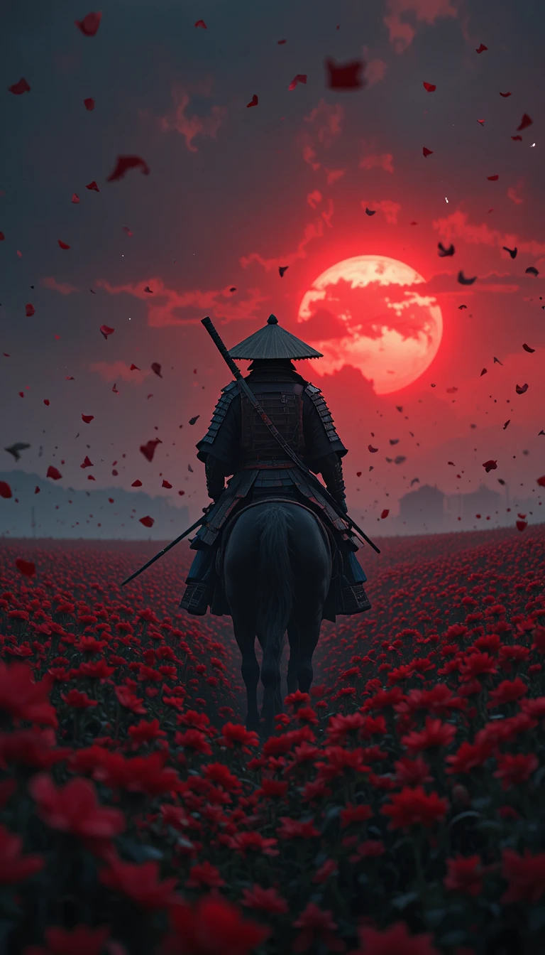 Samurai solitário cavalgando por um campo de flores vermelhas ao pôr do sol