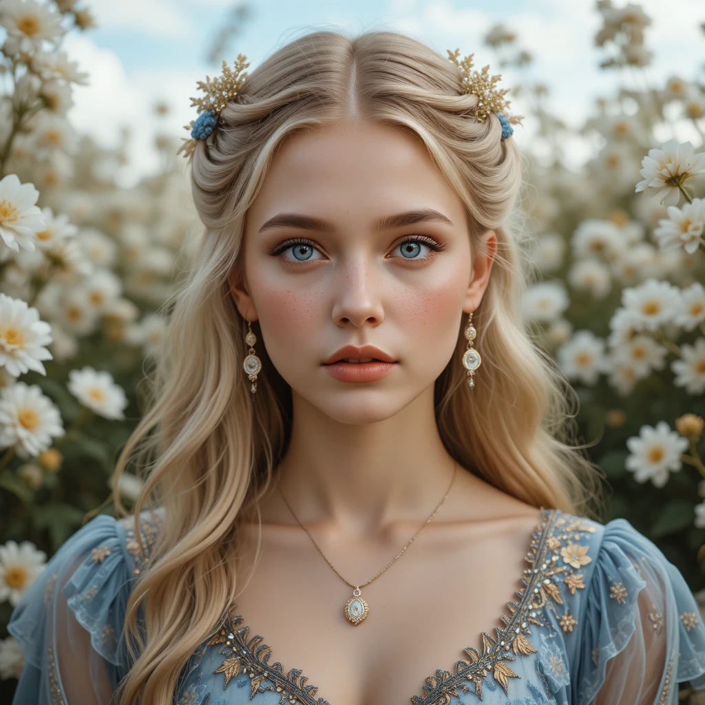 Joven mujer rubia con vestido floral bajo una luz suave y romántica