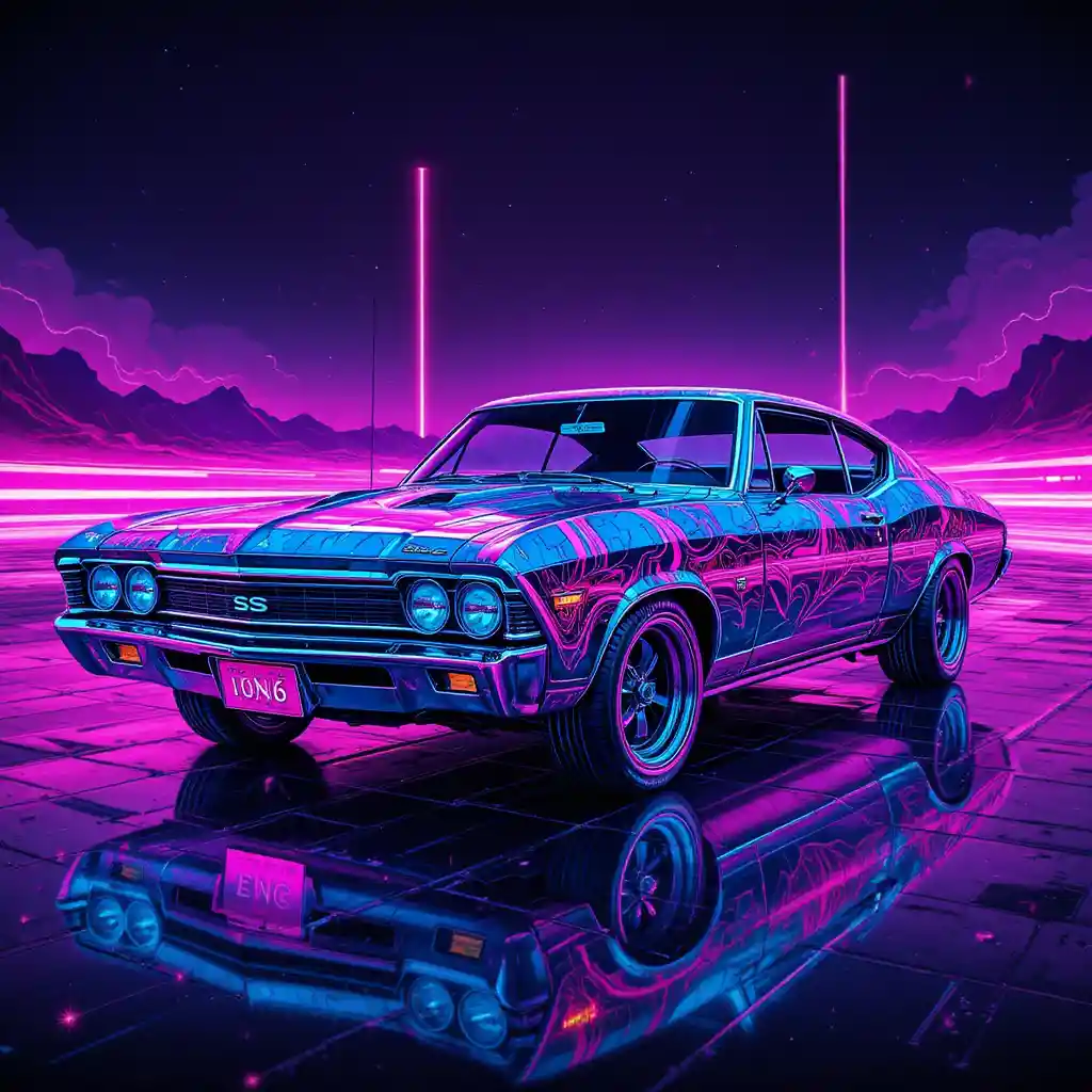 Illustrazione Digitale di Muscle Car Neon Futuristica del 1967