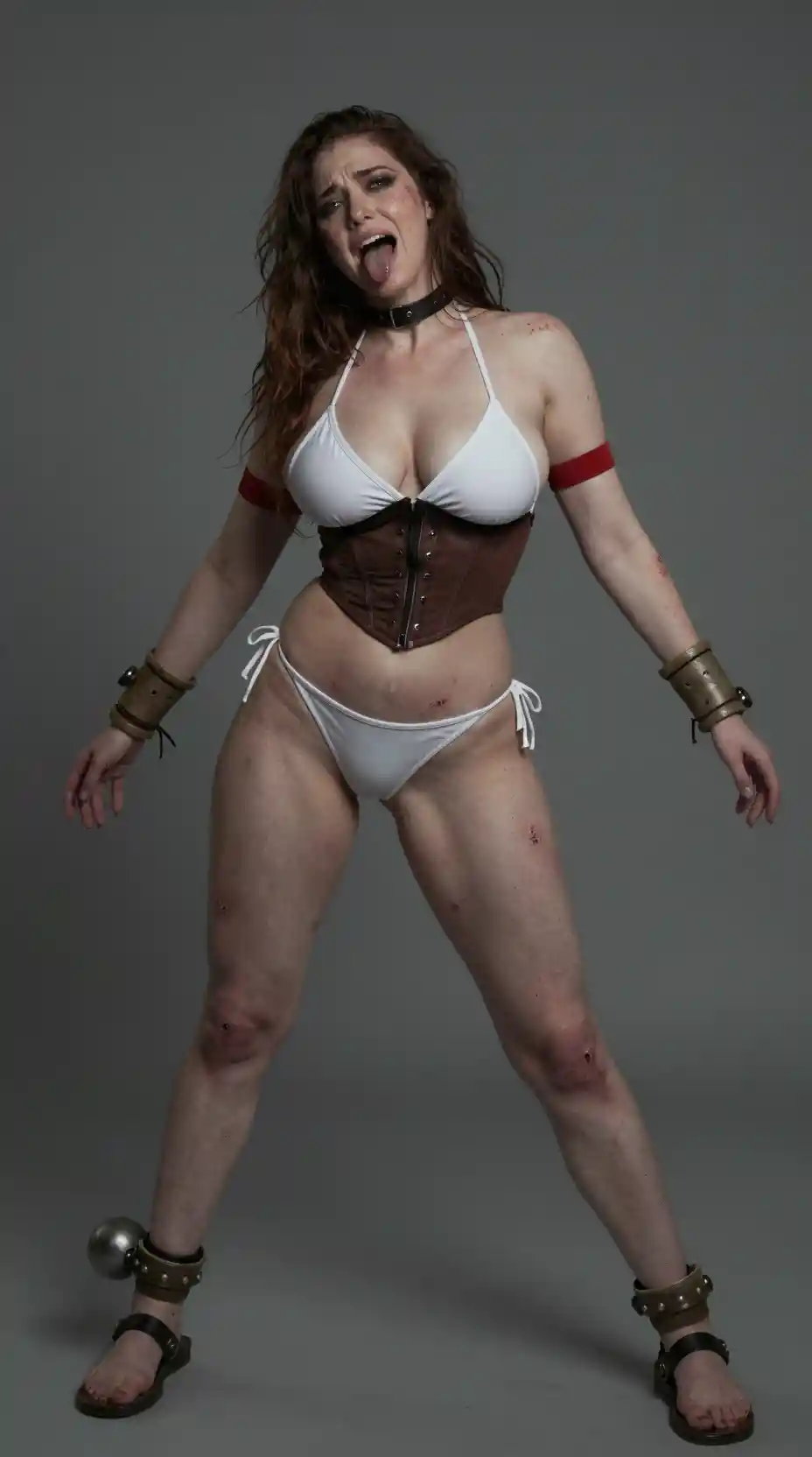 Bikini clad warrior woman bound in humiliating pose