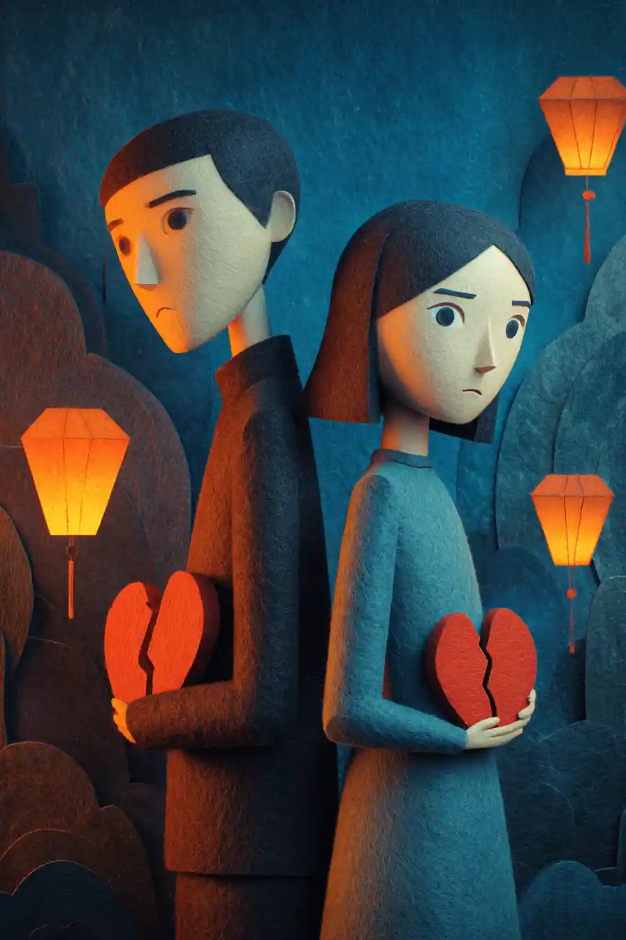 Couple With Torn Glowing Hearts In Surreal Indigo Landscape