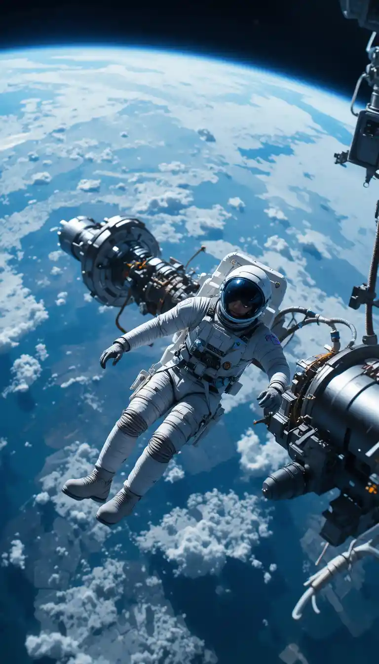 Space station orbiting a blue planet with floating cosmonaut