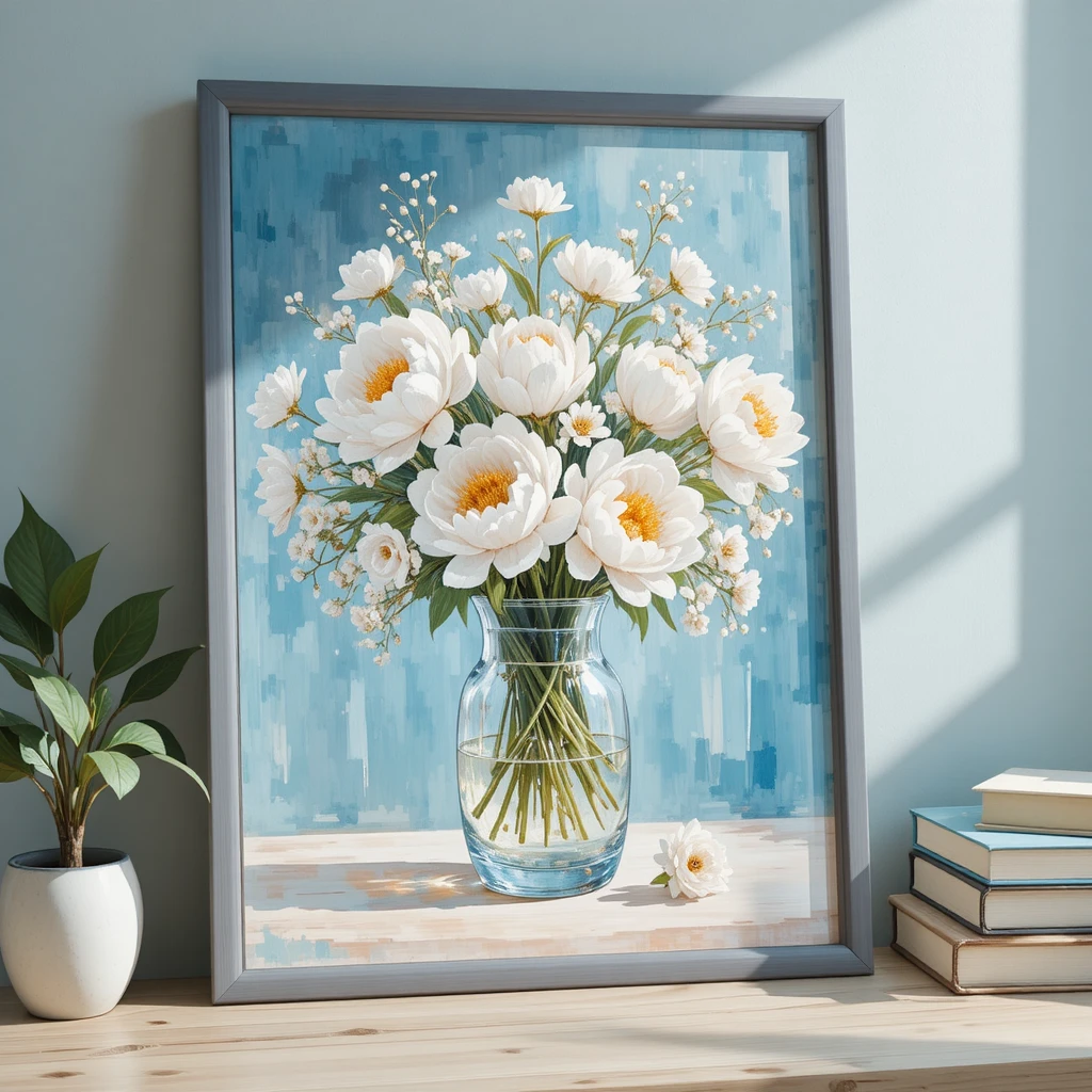 Gerahmtes Blumen-Stillleben mit weißen Pfingstrosen