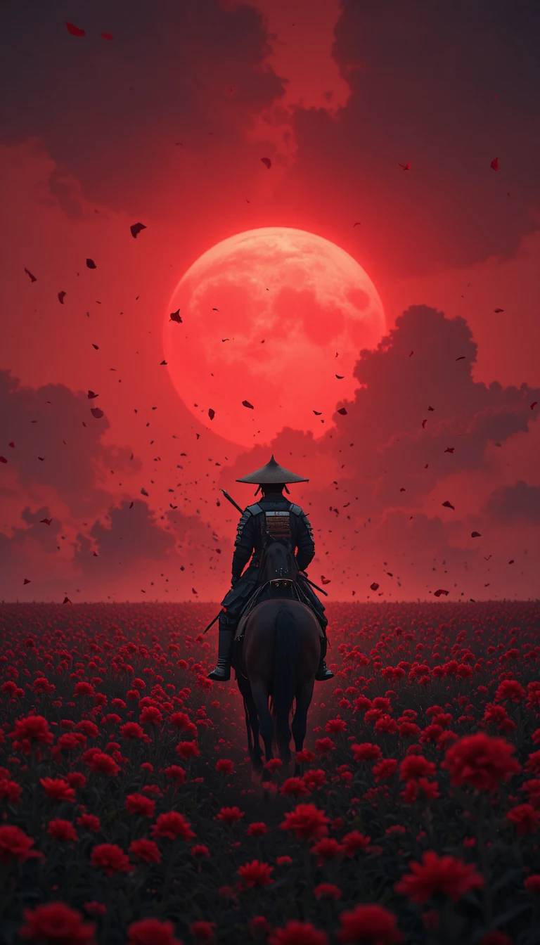 Samurai solitario che cavalca in un campo di fiori rossi al tramonto