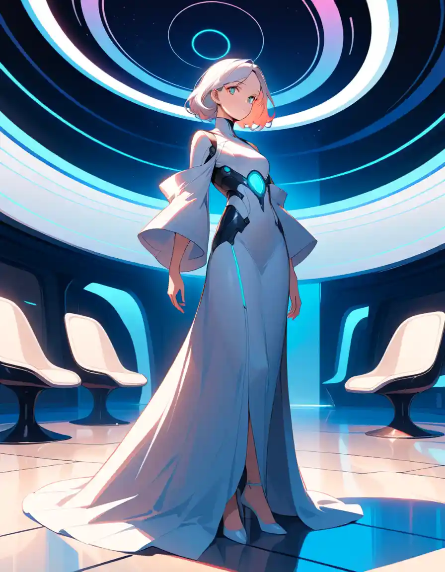 Woman in white robe in serene futuristic dining interior