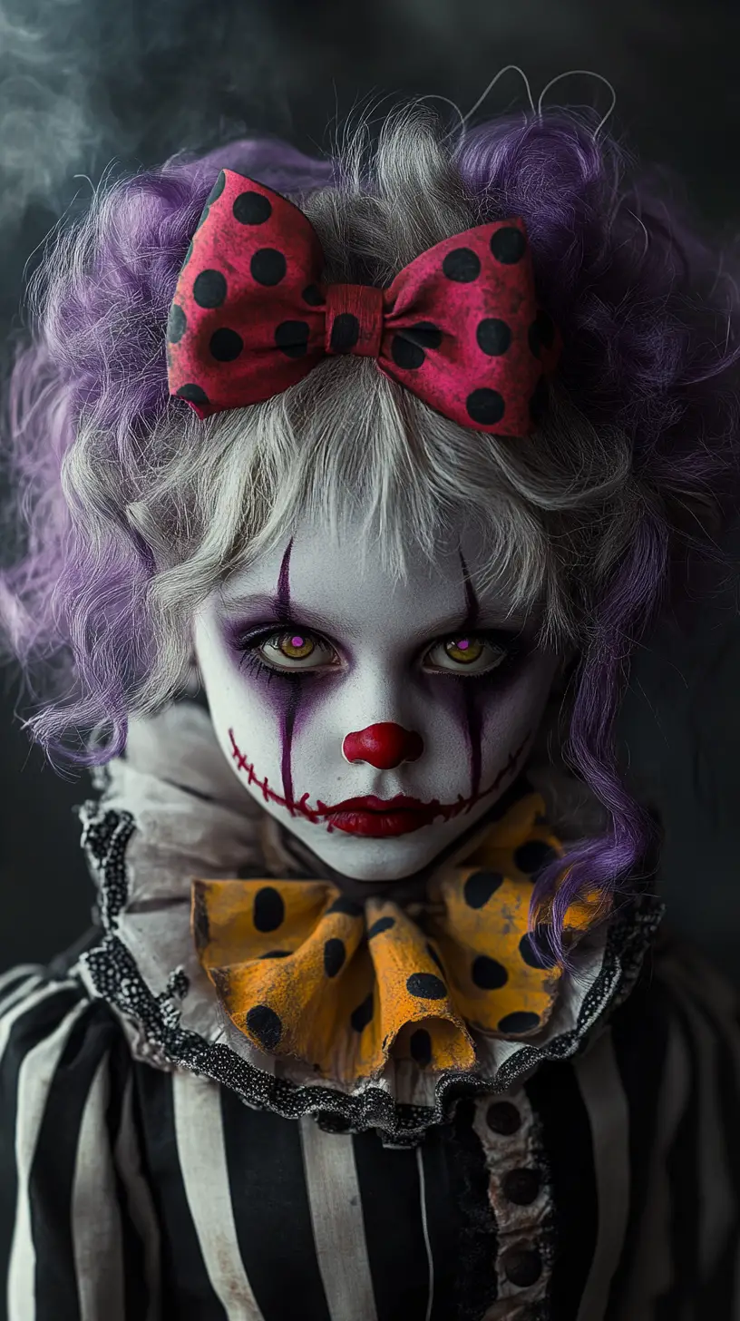 Young girl clown with dripping purple makeup in smoke