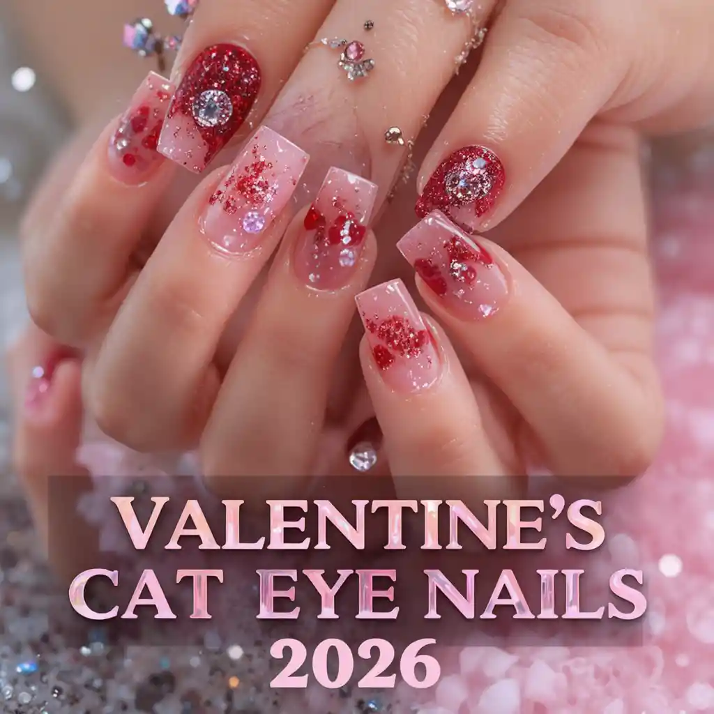 Valentinstag Cat-Eye-Nailart auf manikürten Händen