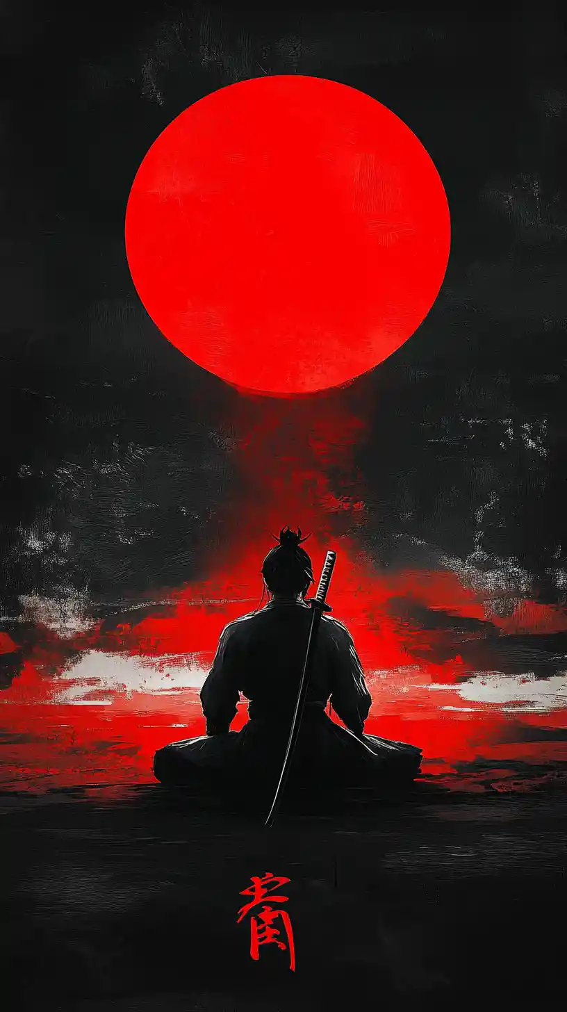 Samurai solitário meditando sob um disco de sol vermelho