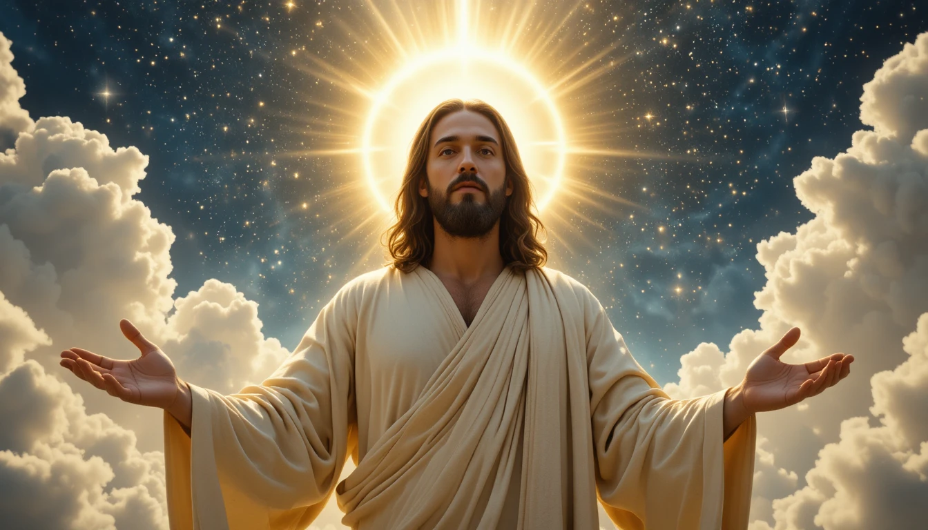Jesus unter dramatischem Sternenhimmel mit göttlicher goldener Aura