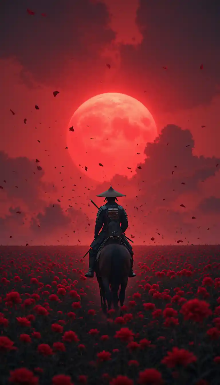 Samurai solitario che cavalca in un campo di fiori rossi al tramonto