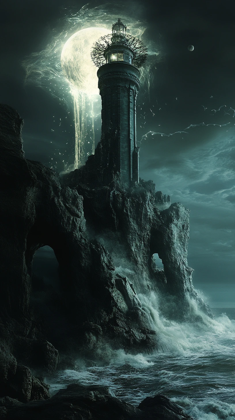 Surreal lighthouse rising from warped organic coastal cliffs