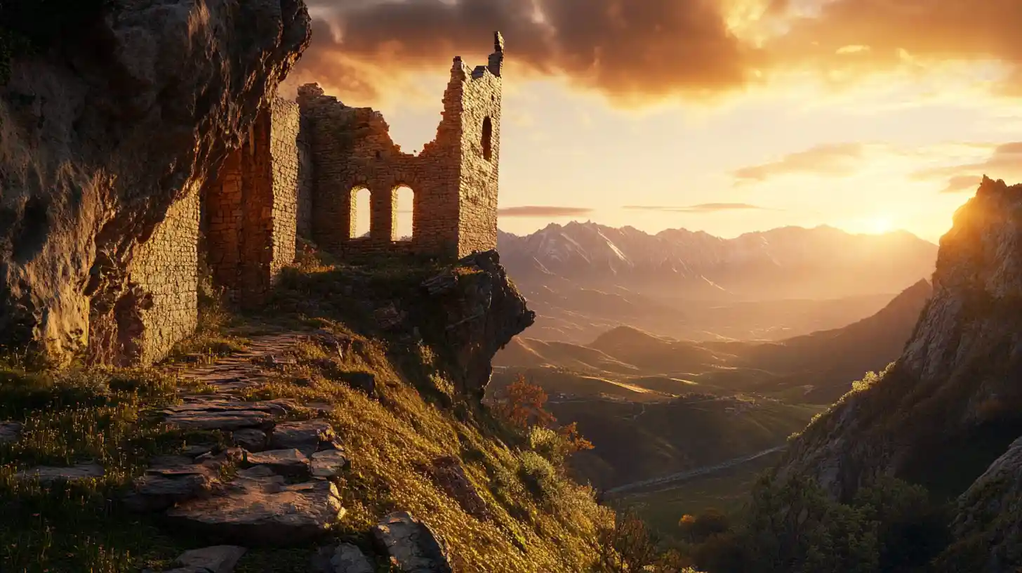 Ruína de antigo castelo de pedra em penhasco ao pôr do sol dramático