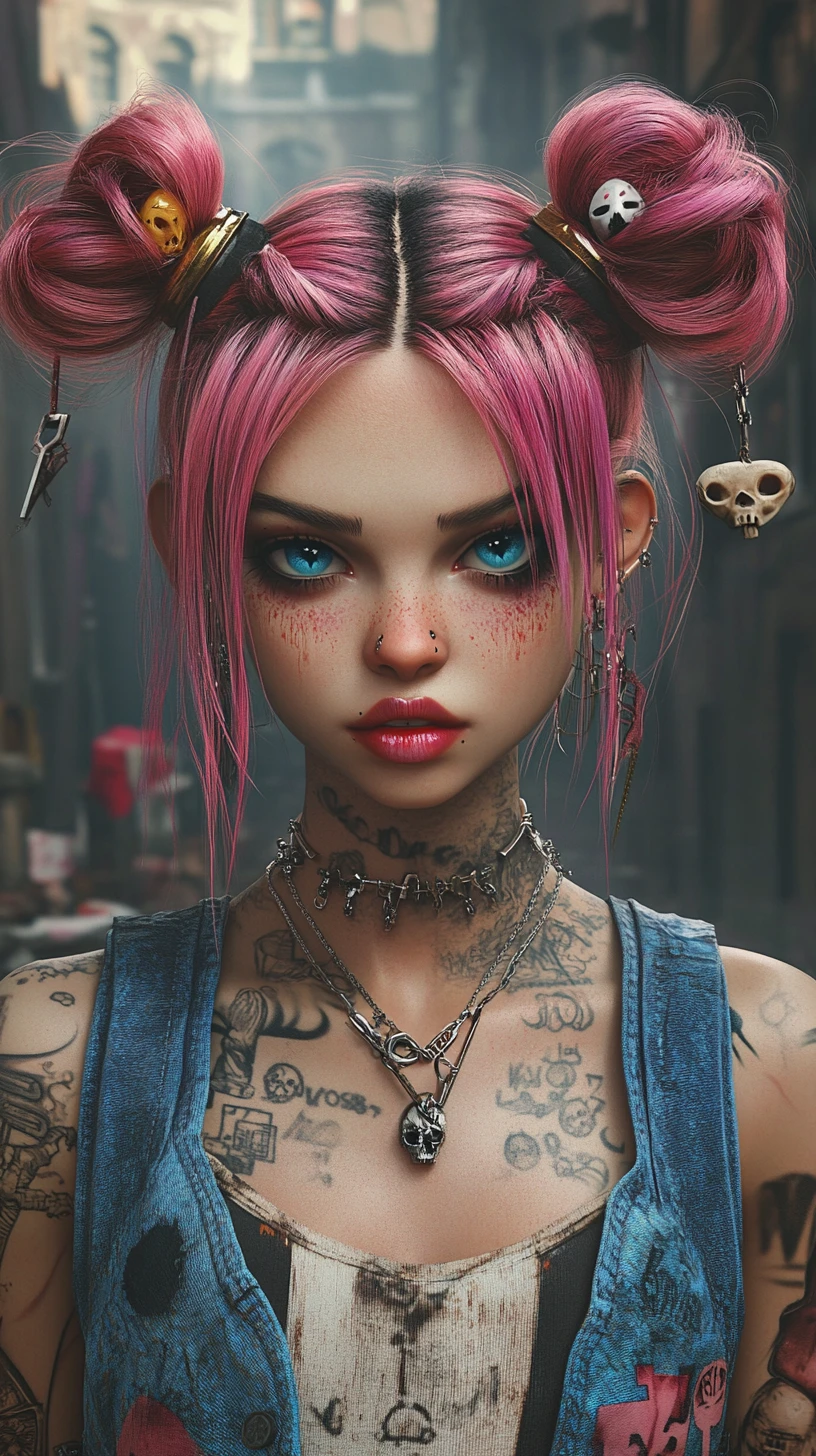 Femme punk gothique tatouée dans un cimetière au style Pixar