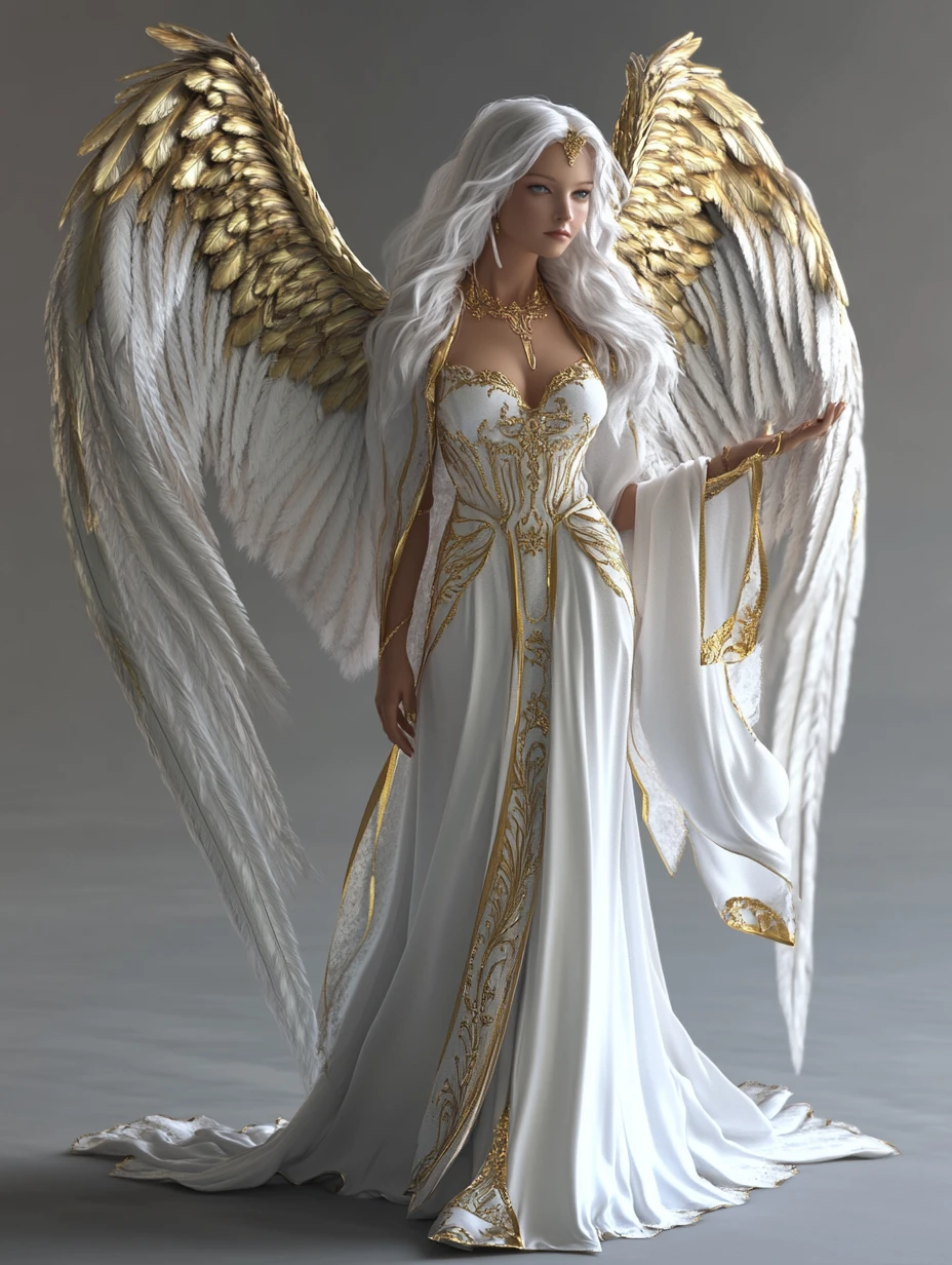 Femme angélique aux ailes blanches en robes de soie fluides