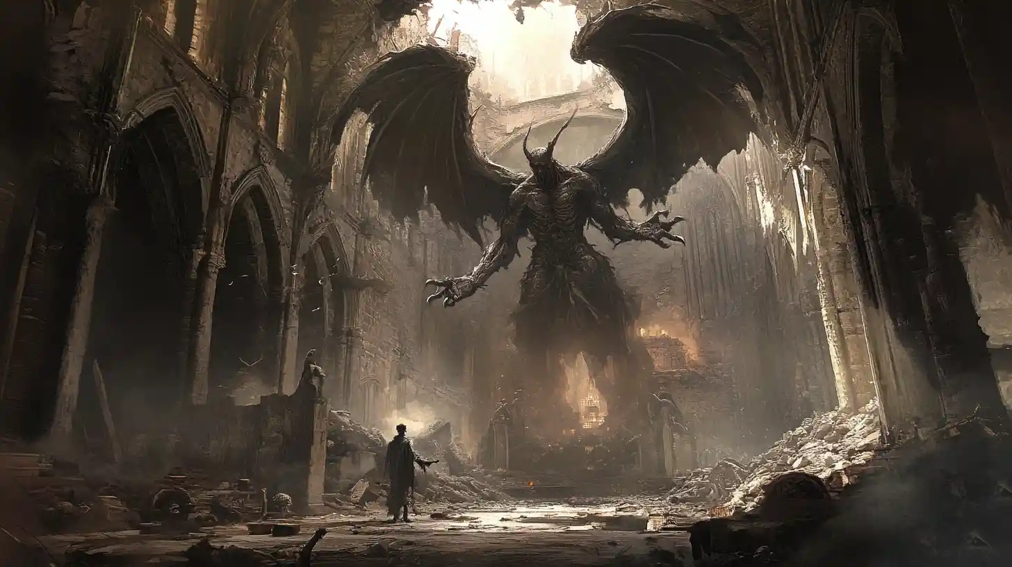 Demônio Alcançando um Anjo Celestial em Catedral em Ruínas