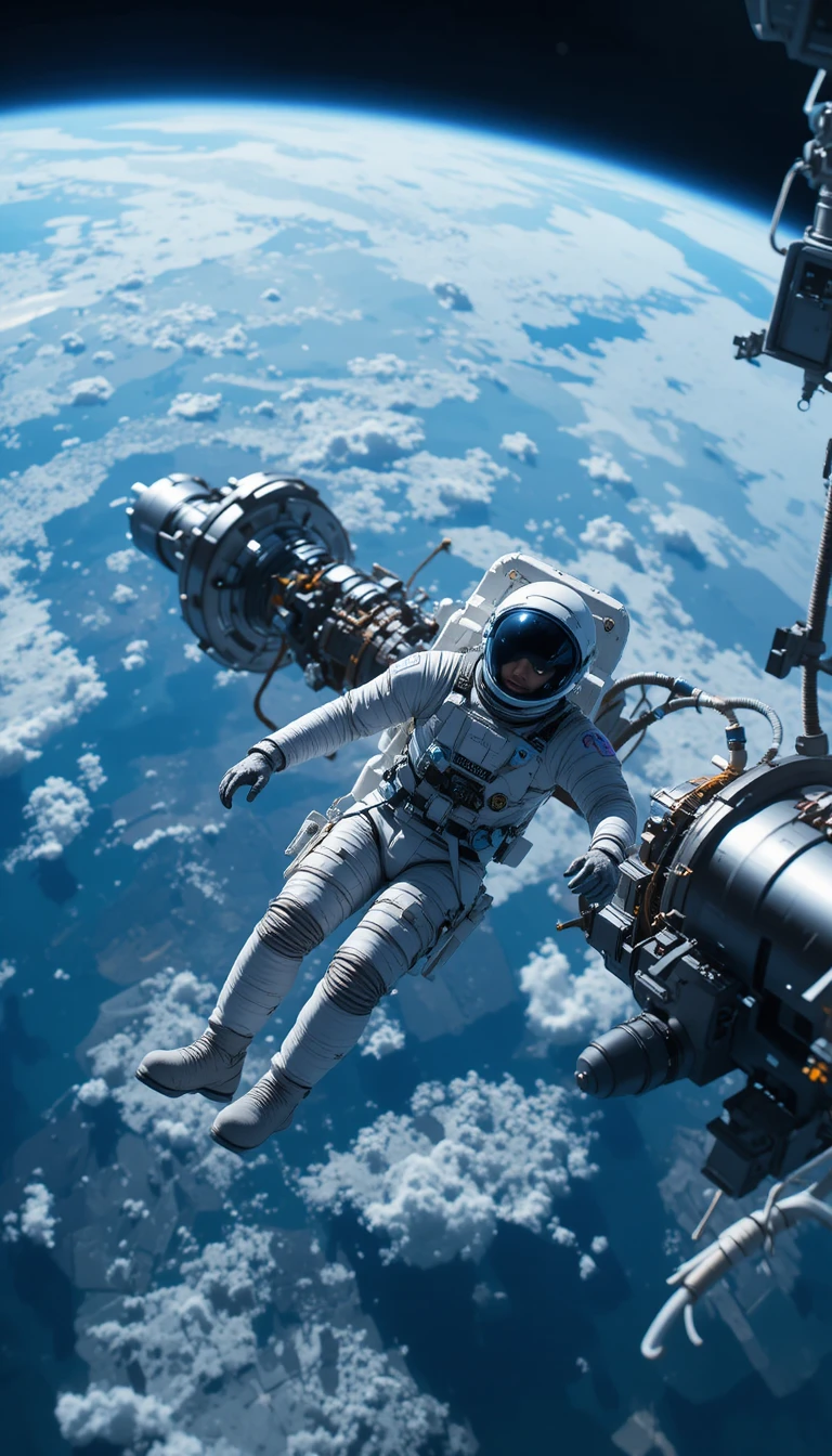 Estação espacial em órbita de um planeta azul com cosmonauta flutuando