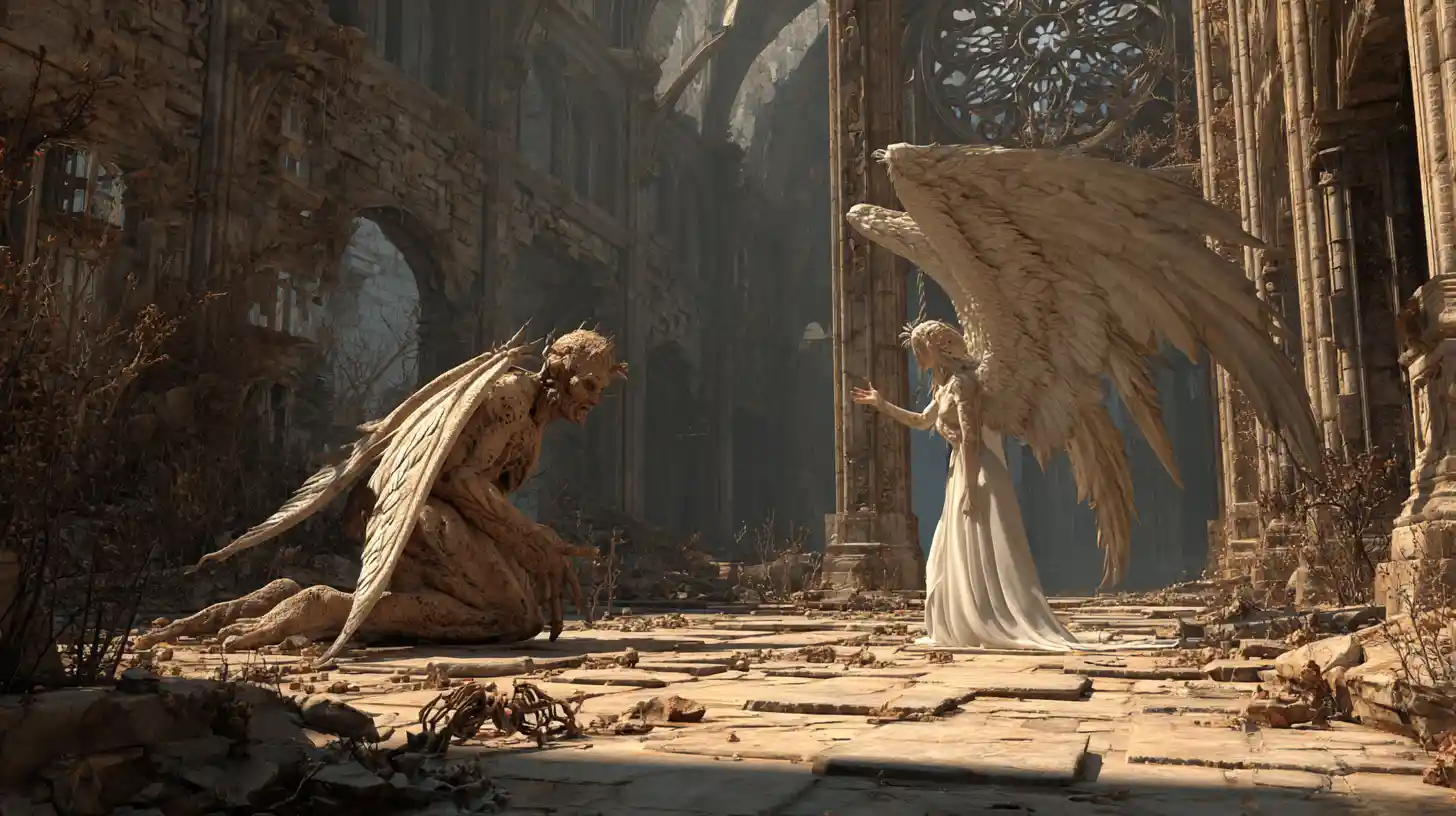 Demônio alcançando um anjo em catedral em ruínas
