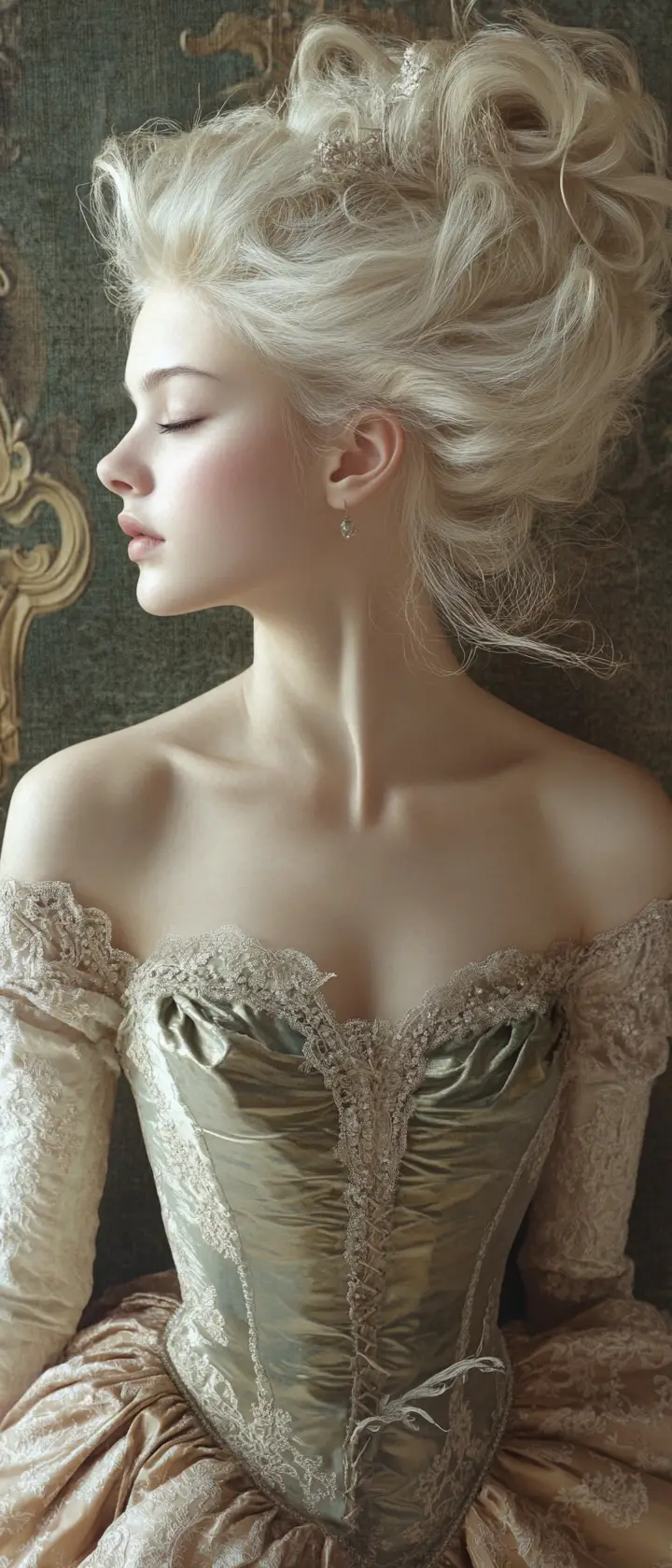 Femme rococo en robe de satin aux cheveux flottants