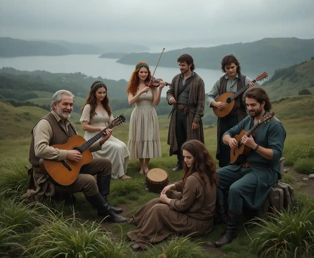 Musicians gathered on a misty hill above a distant lake