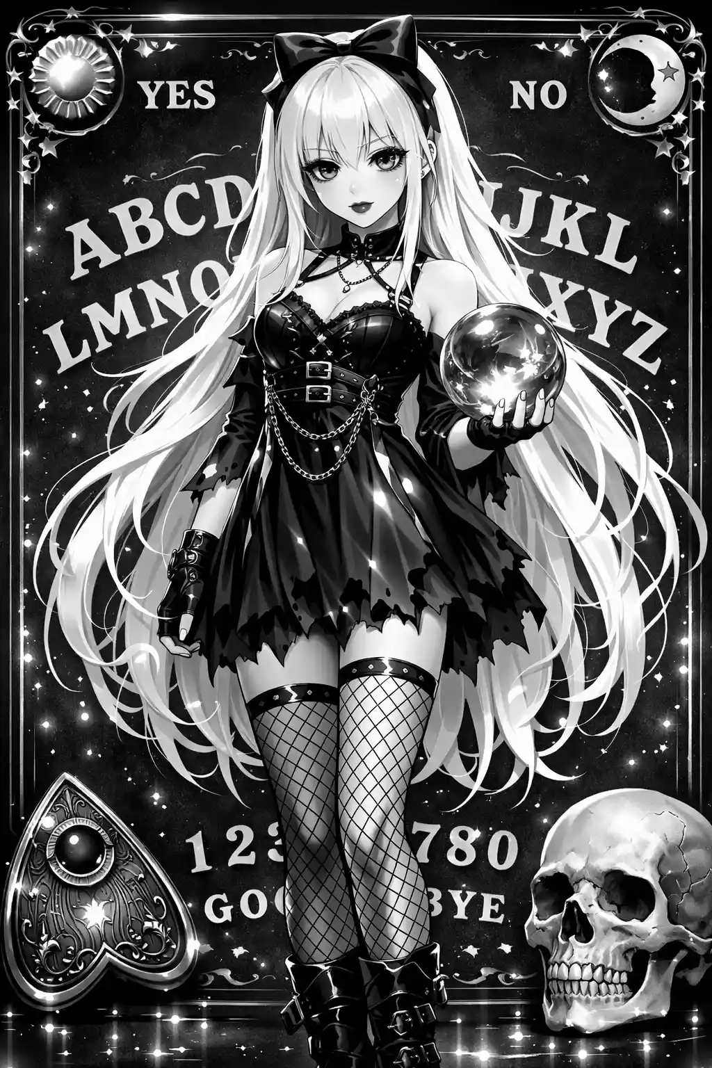 Anime gothic woman holding a crystal ball in smoke